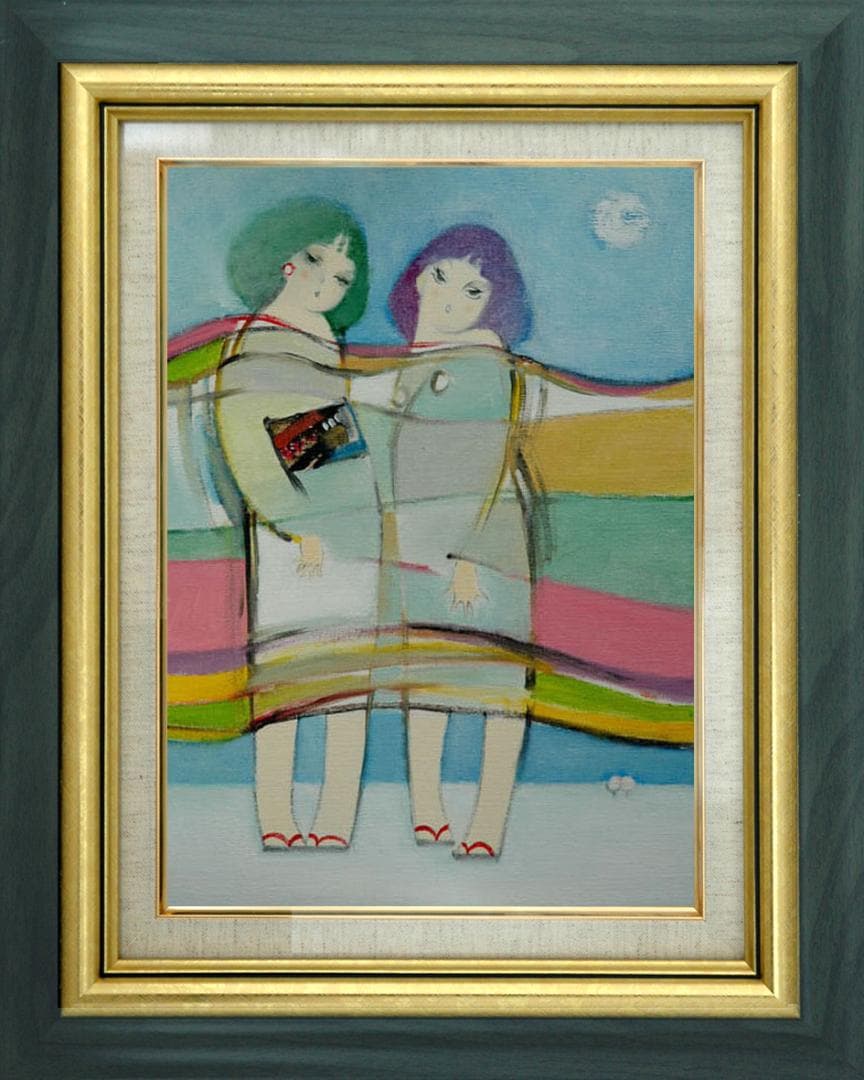 油絵 菅家令子 絵 絵画インテリア額付(黒) F6-083711人物 雪国の子供