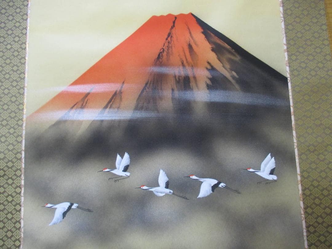 【保管品】掛軸 英峰『赤富士図』絹本 共箱付 掛け軸 廊7-2