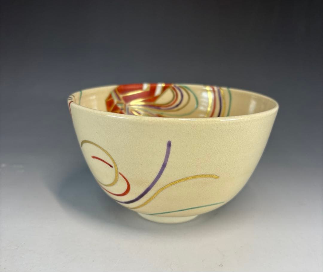 【中古品】久世久宝造　色絵熨斗茶碗　淡々斎書付（共箱）USED〈税込•送料込〉