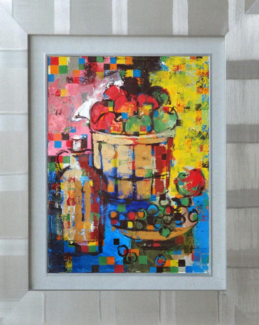 油絵 菅家令子絵 絵画インテリア額付(黒) uF6-063704 静物 果物 瓶