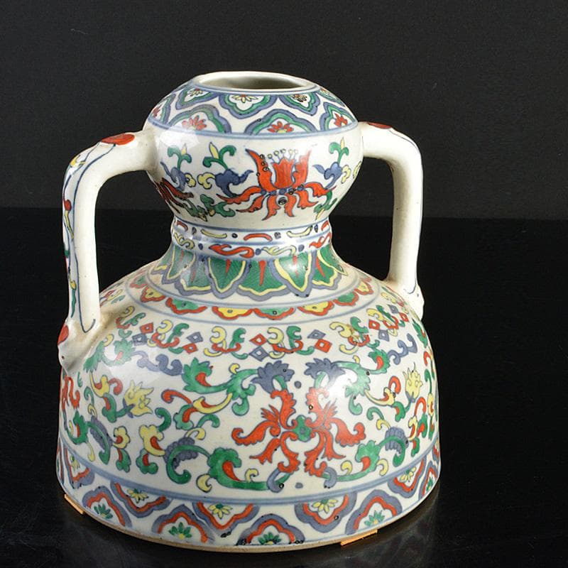 中国　大清乾隆年製　豆彩　花弁文　双耳瓶　V　R7038