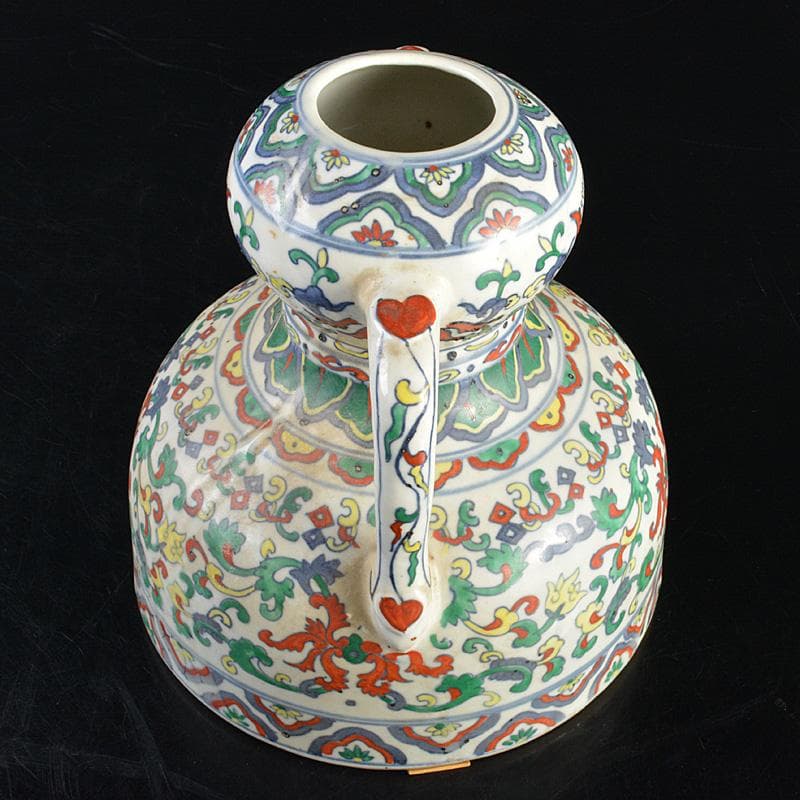 中国　大清乾隆年製　豆彩　花弁文　双耳瓶　V　R7038