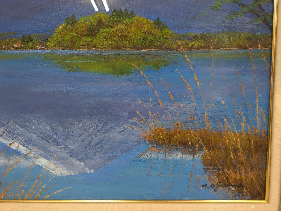 M▽小川久雄 富士山と河口湖 油彩 絵画 額縁 (38205)