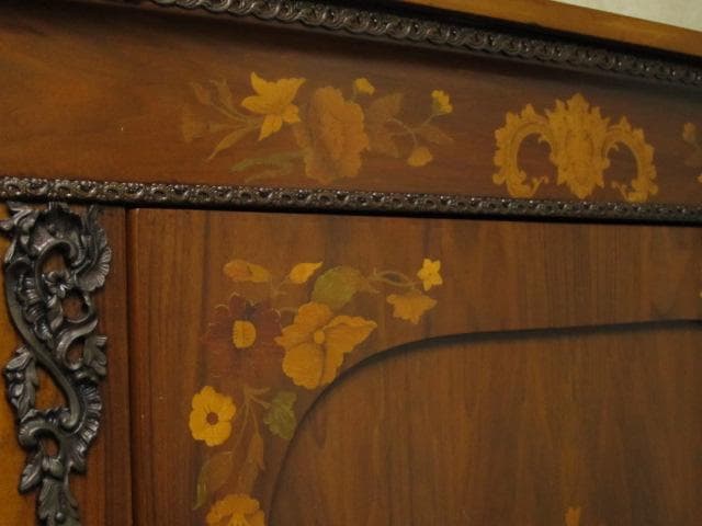 フレンチアンティーク 木象嵌 オルモル装飾 ピアキャビネット 鍵付き