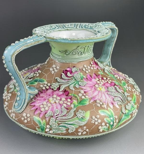 【希少】オールドニッポン 花絵地 一陳盛上げ アールヌーボー様式 花瓶 盛り上げ