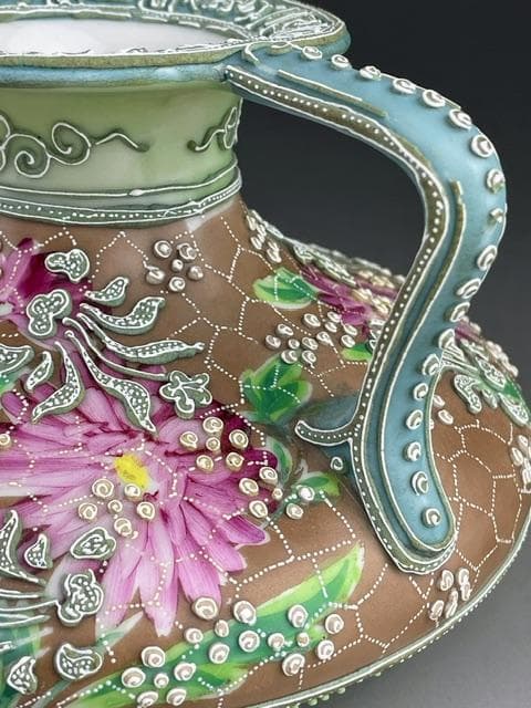 【希少】オールドニッポン 花絵地 一陳盛上げ アールヌーボー様式 花瓶 盛り上げ