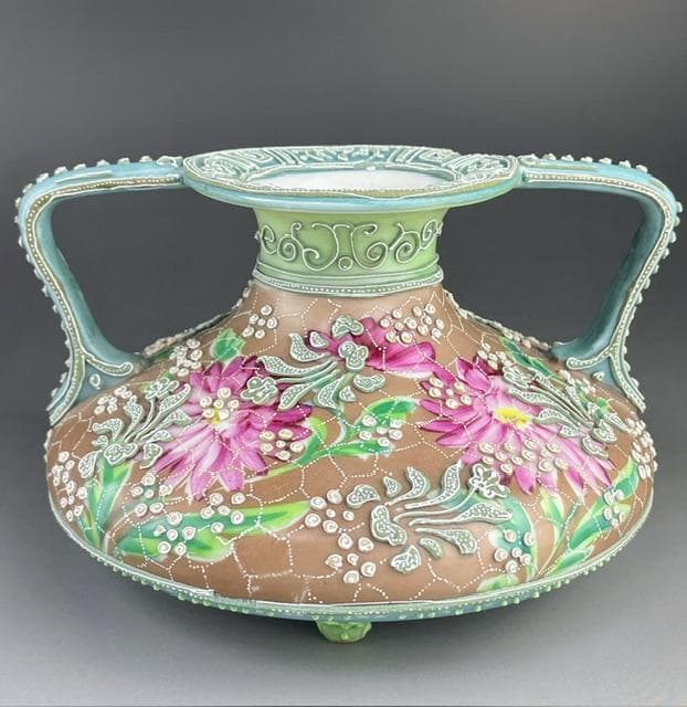 【希少】オールドニッポン 花絵地 一陳盛上げ アールヌーボー様式 花瓶 盛り上げ