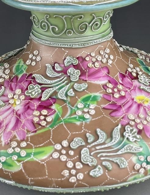 【希少】オールドニッポン 花絵地 一陳盛上げ アールヌーボー様式 花瓶 盛り上げ