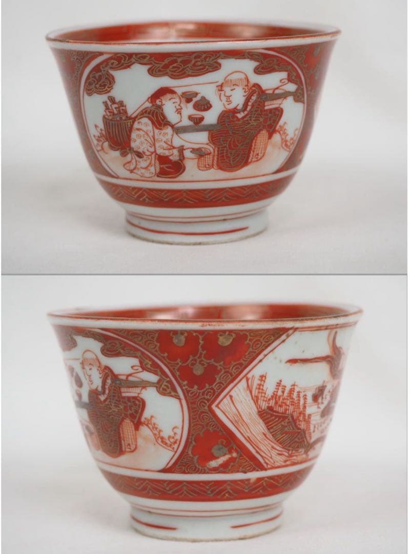 送料無料　明治中期九谷焼　金襴手細密画煎茶碗５客　煎茶道具