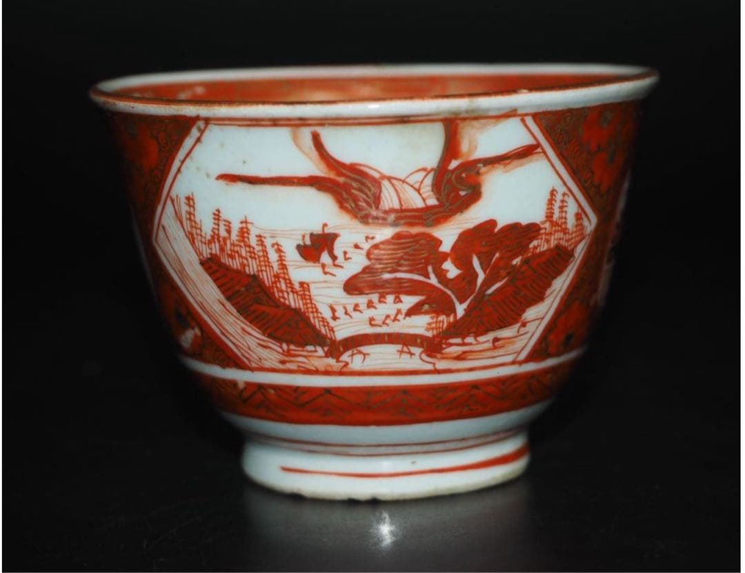 送料無料　明治中期九谷焼　金襴手細密画煎茶碗５客　煎茶道具