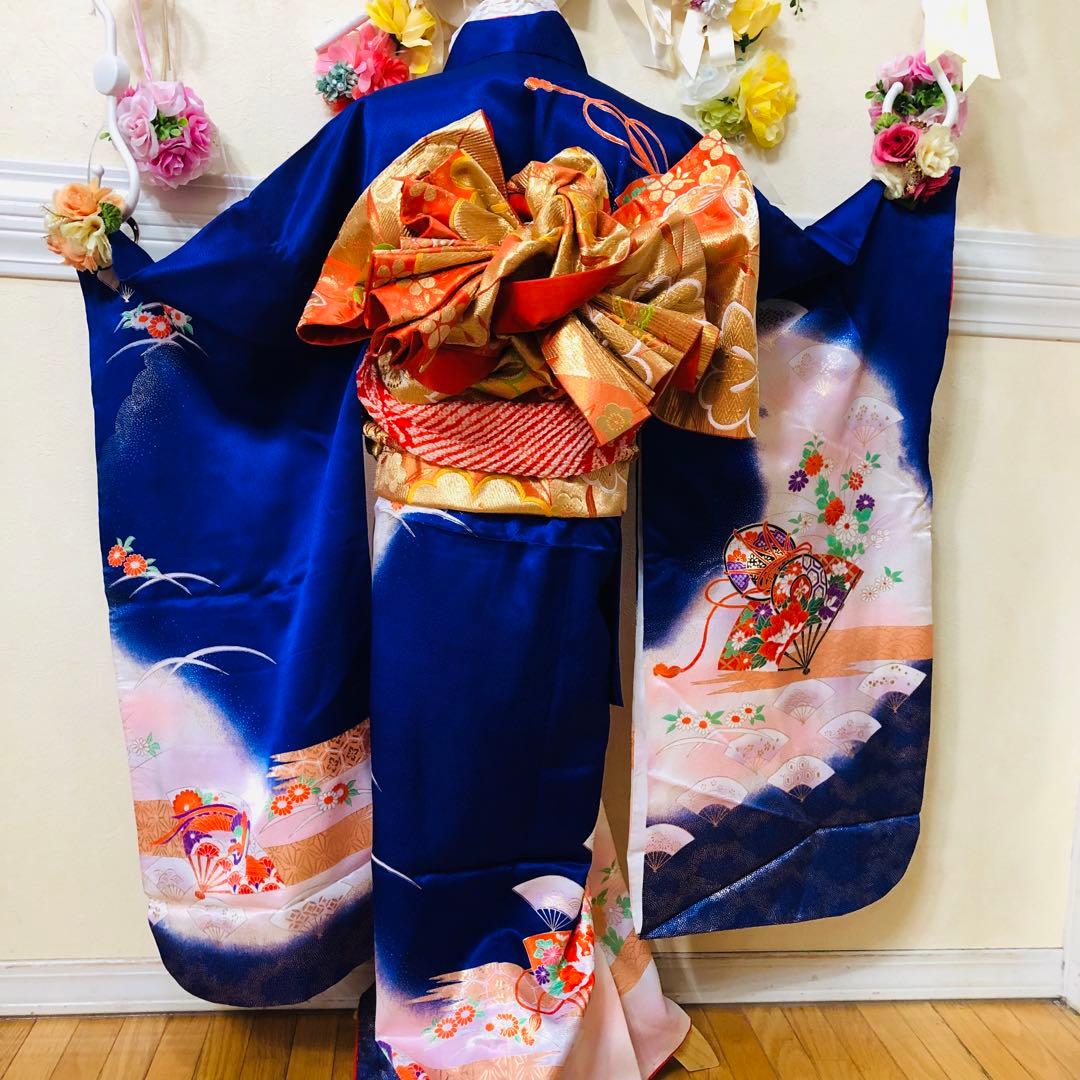 七五三7歳❣️人気Blue暈し古典柄❣️扇熨斗花々金彩煌びやか際立つ完全フルセット❣️