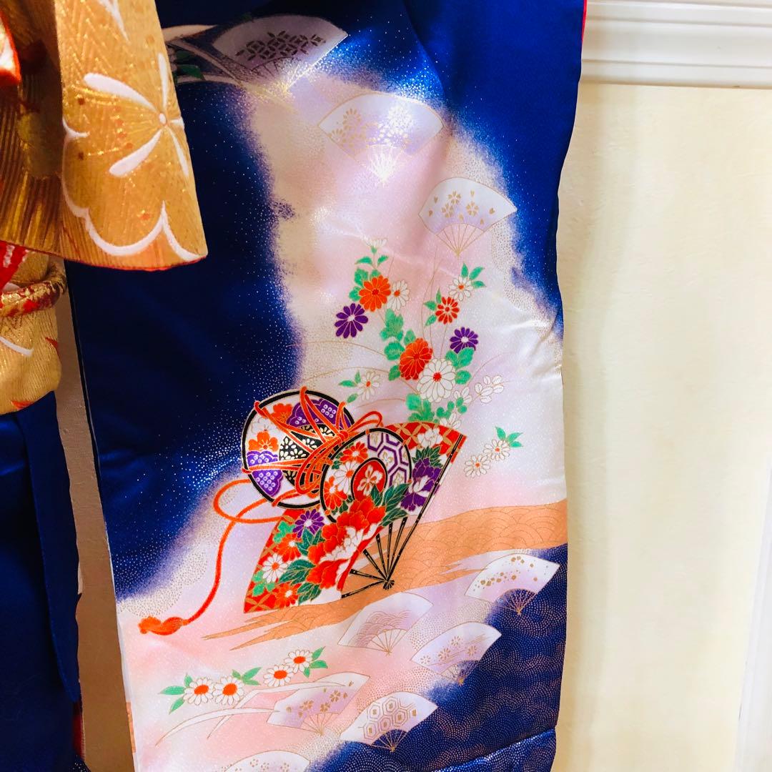 七五三7歳❣️人気Blue暈し古典柄❣️扇熨斗花々金彩煌びやか際立つ完全フルセット❣️