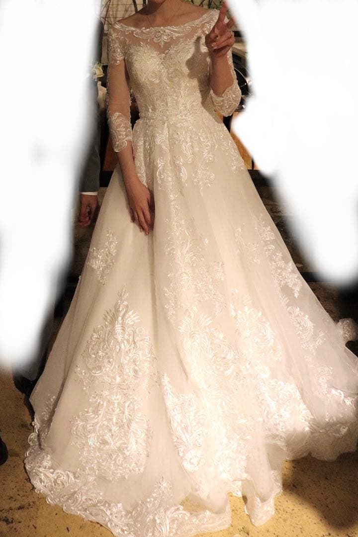 【えっちゃん】ウェディングドレスAライン 刺繍スリーブ有りH0160 5号