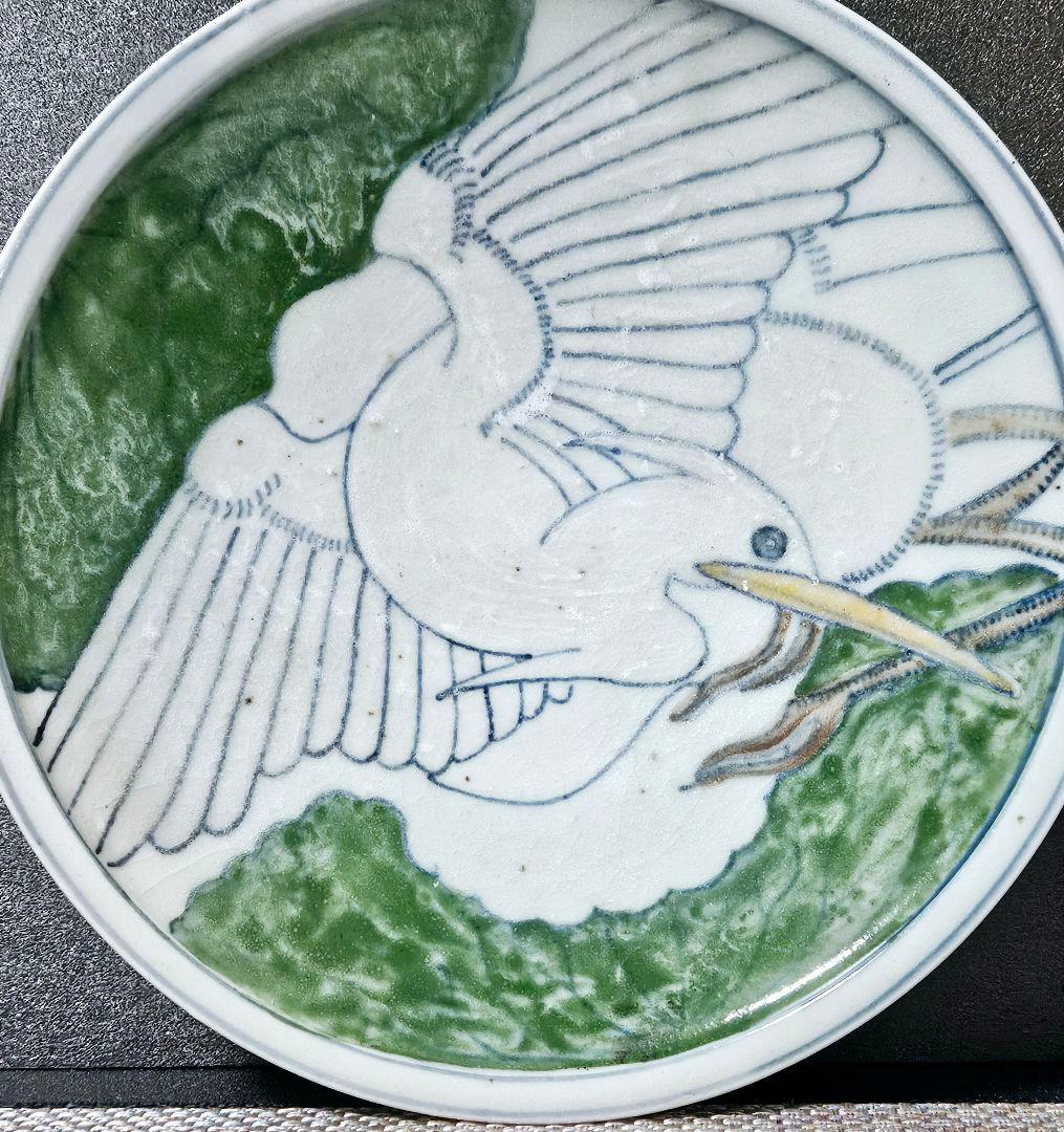 【名品❗】李氏朝鮮時代　朝鮮古美術　朝鮮古陶磁　青華緑釉　水鳥図　22.1cm皿
