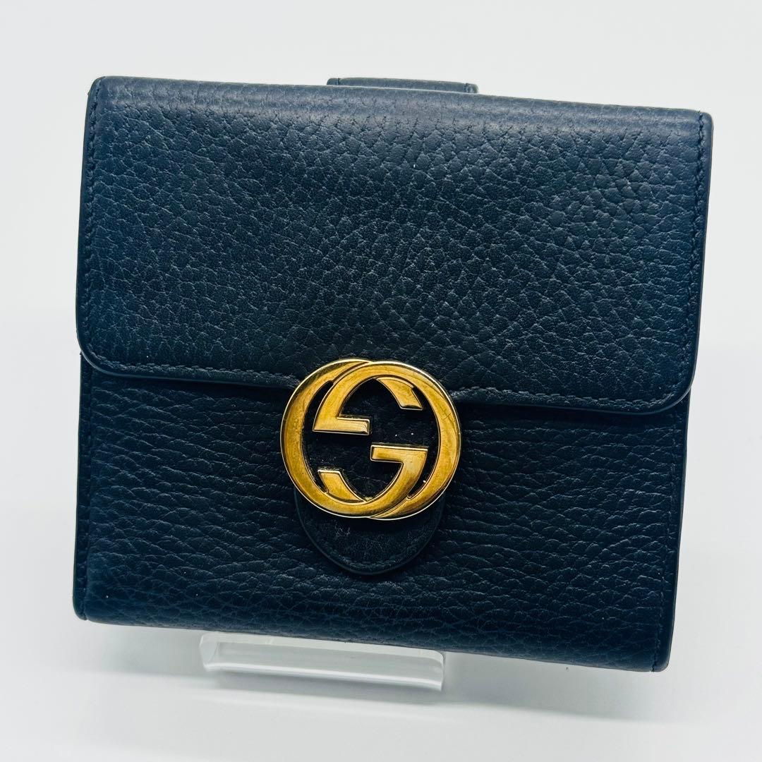 希少✨グッチ 二つ折り財布 GGインターロッキング レザー Wホック ブラック