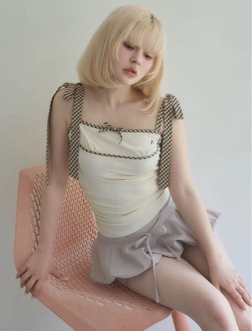 トップス andmary Alice check ribbon tops ivory