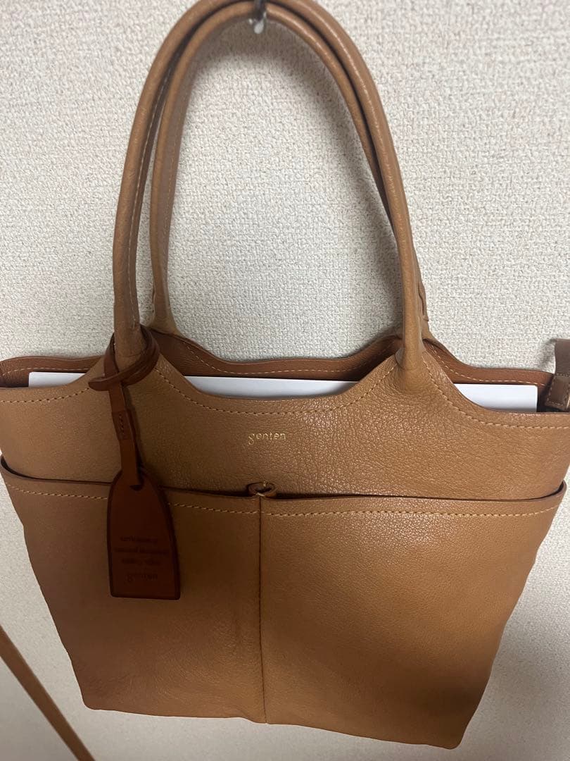 genten ブラウンレザー トートバッグ 大きめ 外ポケット付き