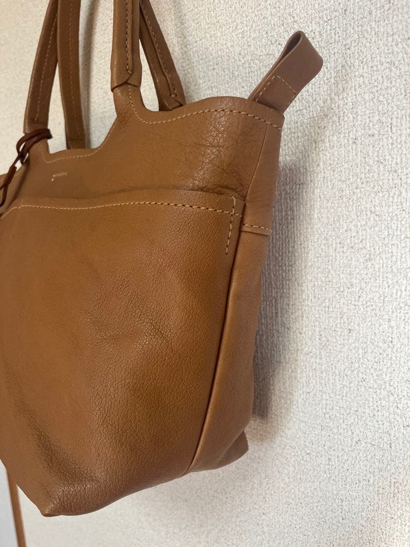 genten ブラウンレザー トートバッグ 大きめ 外ポケット付き