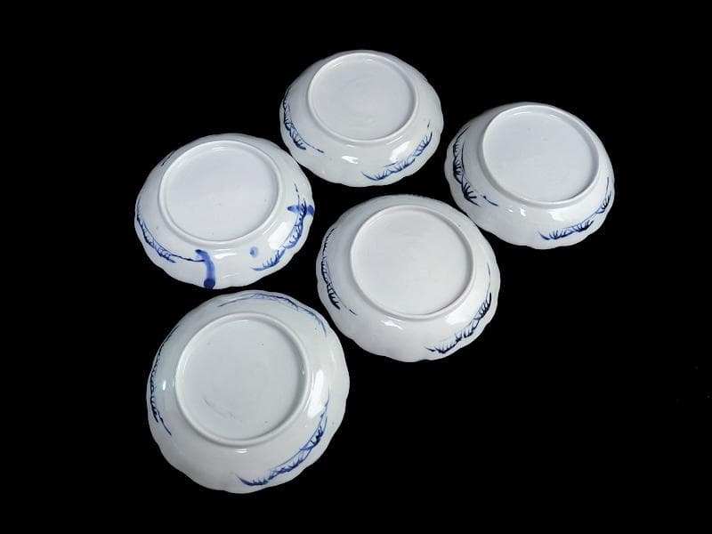 古伊万里　染付　墨弾き　撫子に蝙蝠の図 ５寸半皿　５客　252AS-CAx