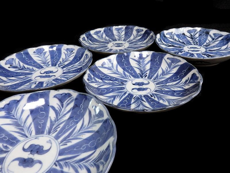 古伊万里　染付　墨弾き　撫子に蝙蝠の図 ５寸半皿　５客　252AS-CAx