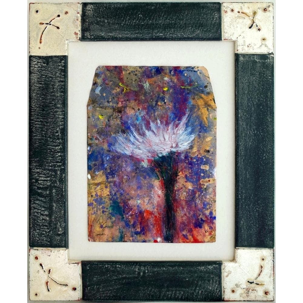 内野隆文　花　古い封筒にアクリル絵具　絵画　現代アート　額縁　アンティーク　真作