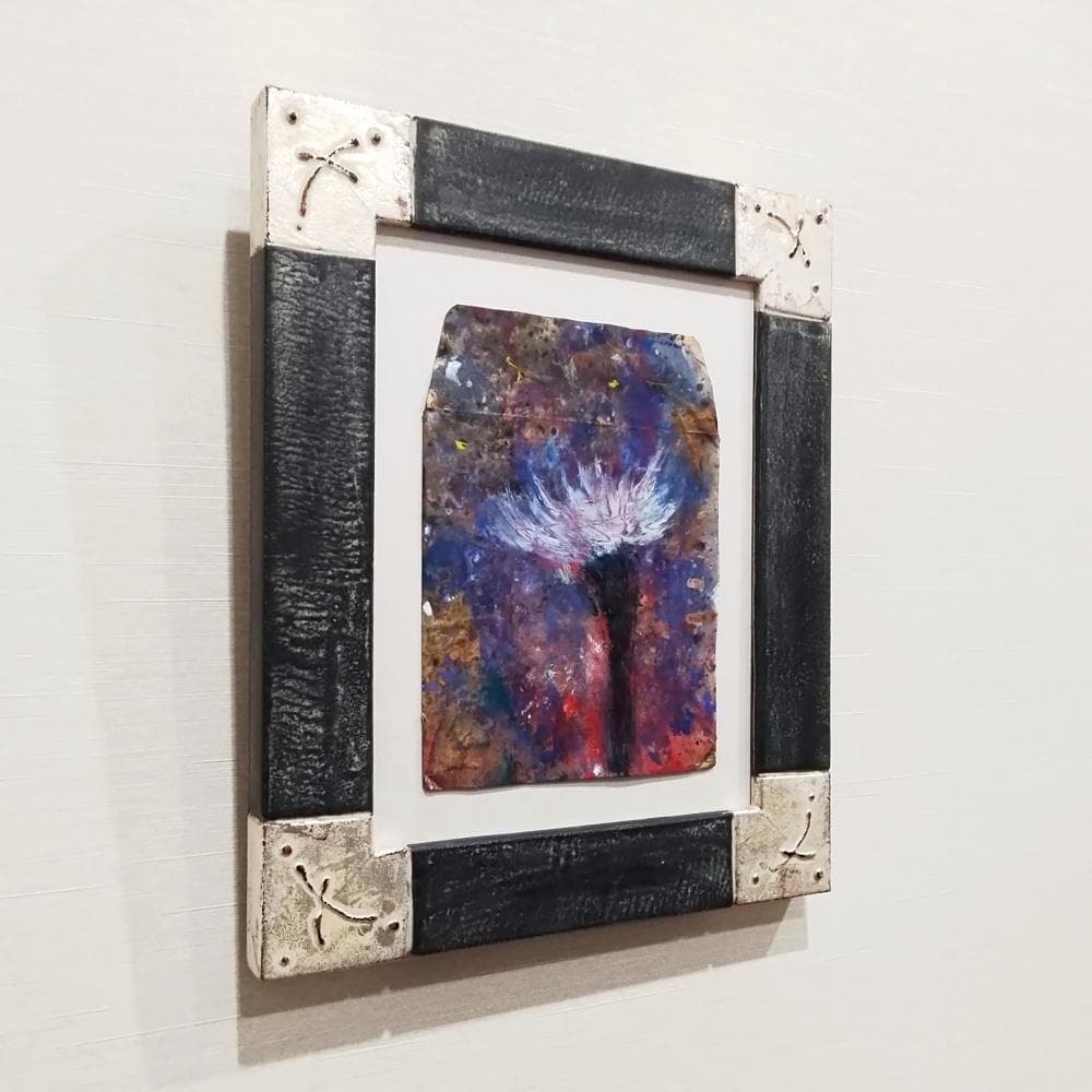 内野隆文　花　古い封筒にアクリル絵具　絵画　現代アート　額縁　アンティーク　真作