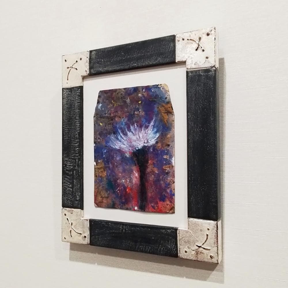 内野隆文　花　古い封筒にアクリル絵具　絵画　現代アート　額縁　アンティーク　真作