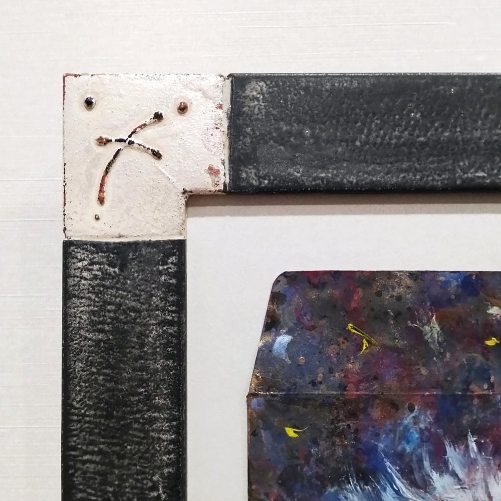 内野隆文　花　古い封筒にアクリル絵具　絵画　現代アート　額縁　アンティーク　真作