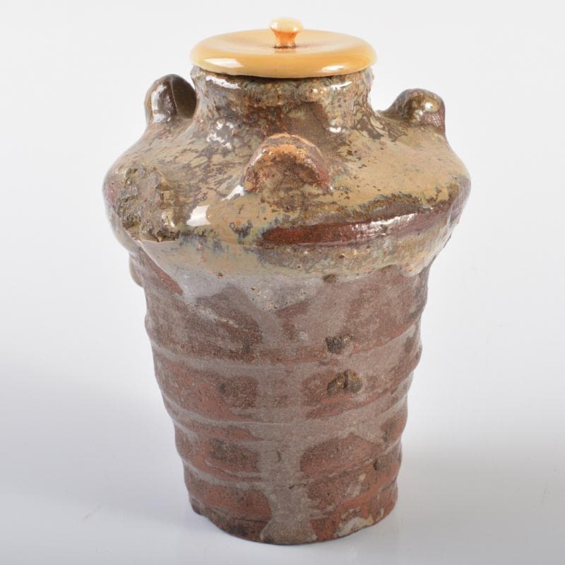 瀬戸焼　古瀬戸　耳付茶入　萬代屋緞子仕覆付　八代一叟宗守極め箱　D　R6241B