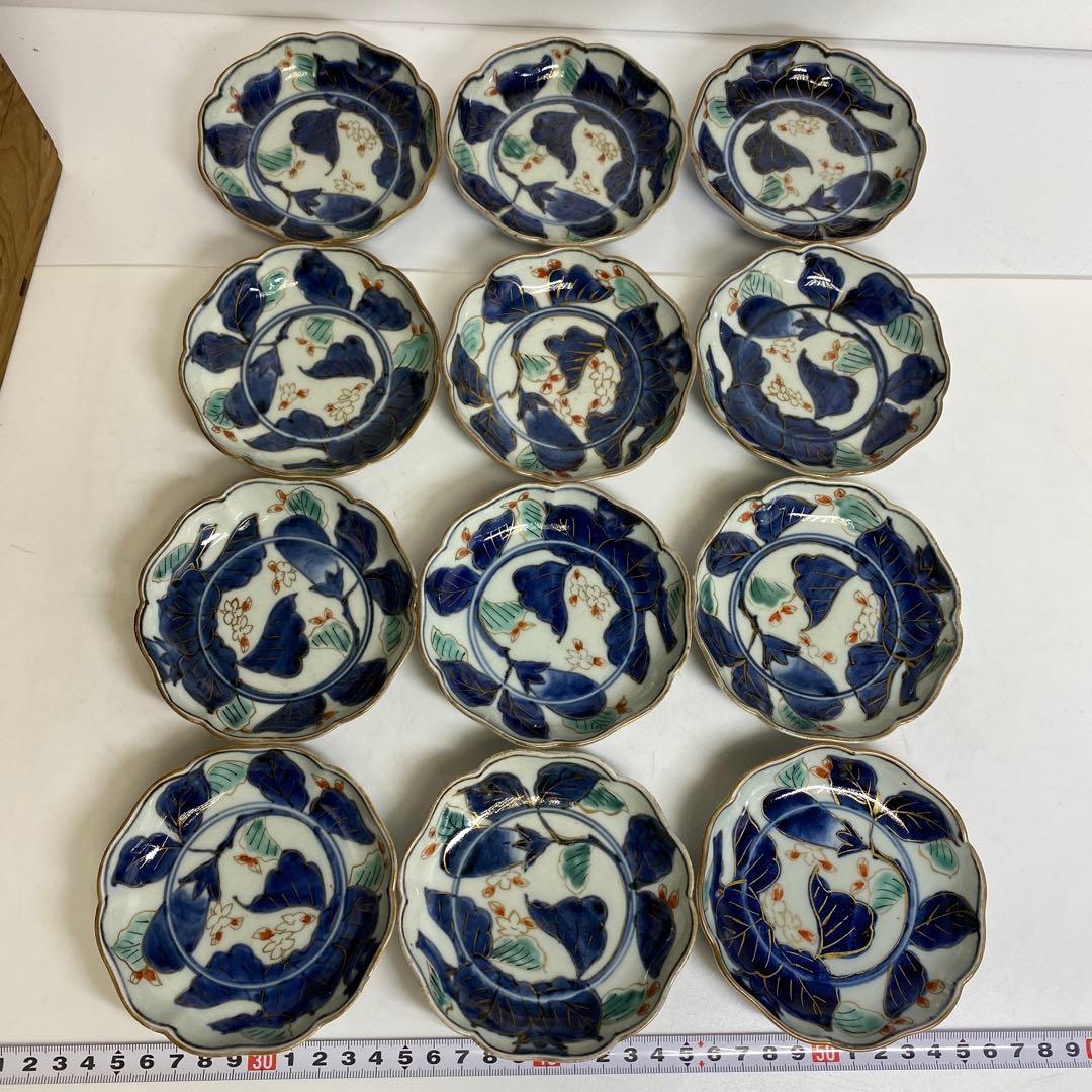 染付　花文皿　直径10.6㎝　12枚　木箱付　タカサ　東さ7-0928③