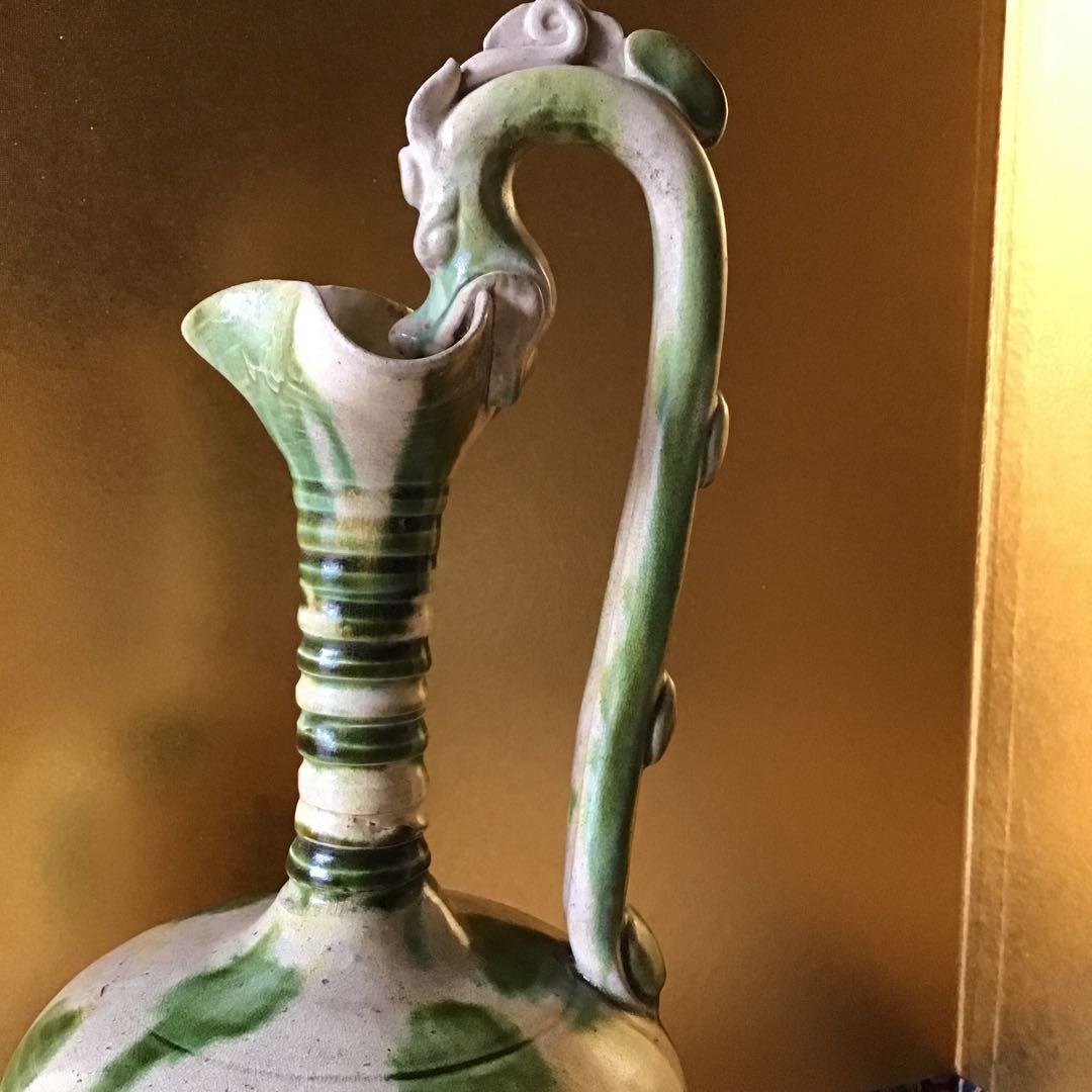 時代　唐綠黄秞竜耳瓶　中国