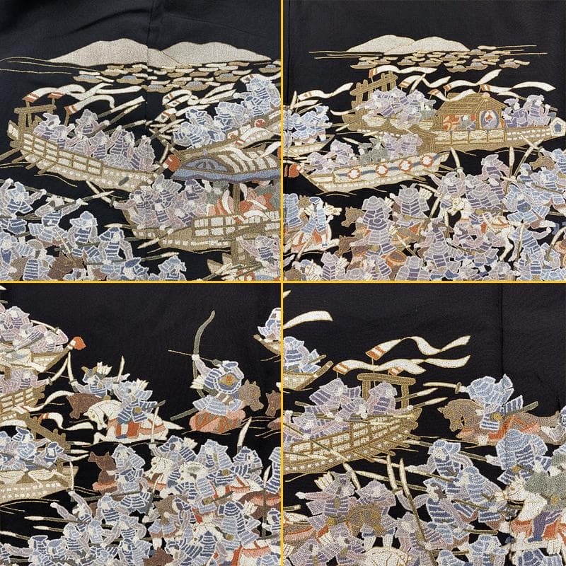 508mo43●豪華 総刺繍 相良刺繍 黒留袖 船 合戦 扇的 平家物語 希少柄