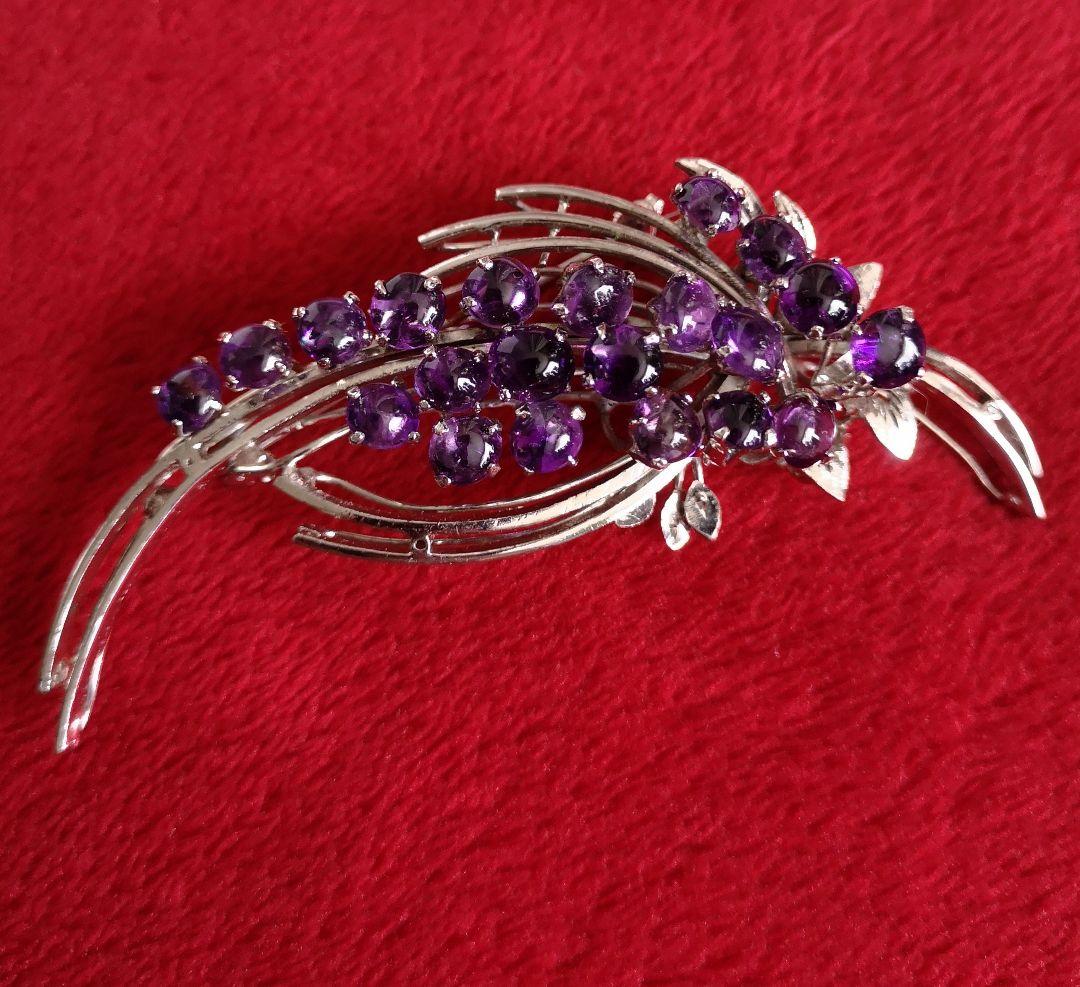 ヴィンテージ ブローチ 天然石 アメジスト 21石 カボッション 刻印入り 4