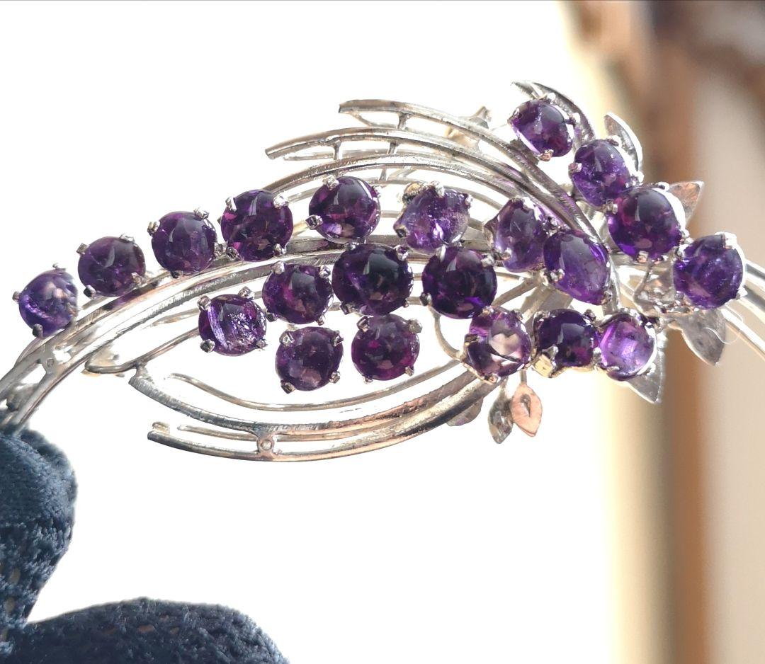 ヴィンテージ ブローチ 天然石 アメジスト 21石 カボッション 刻印入り 4