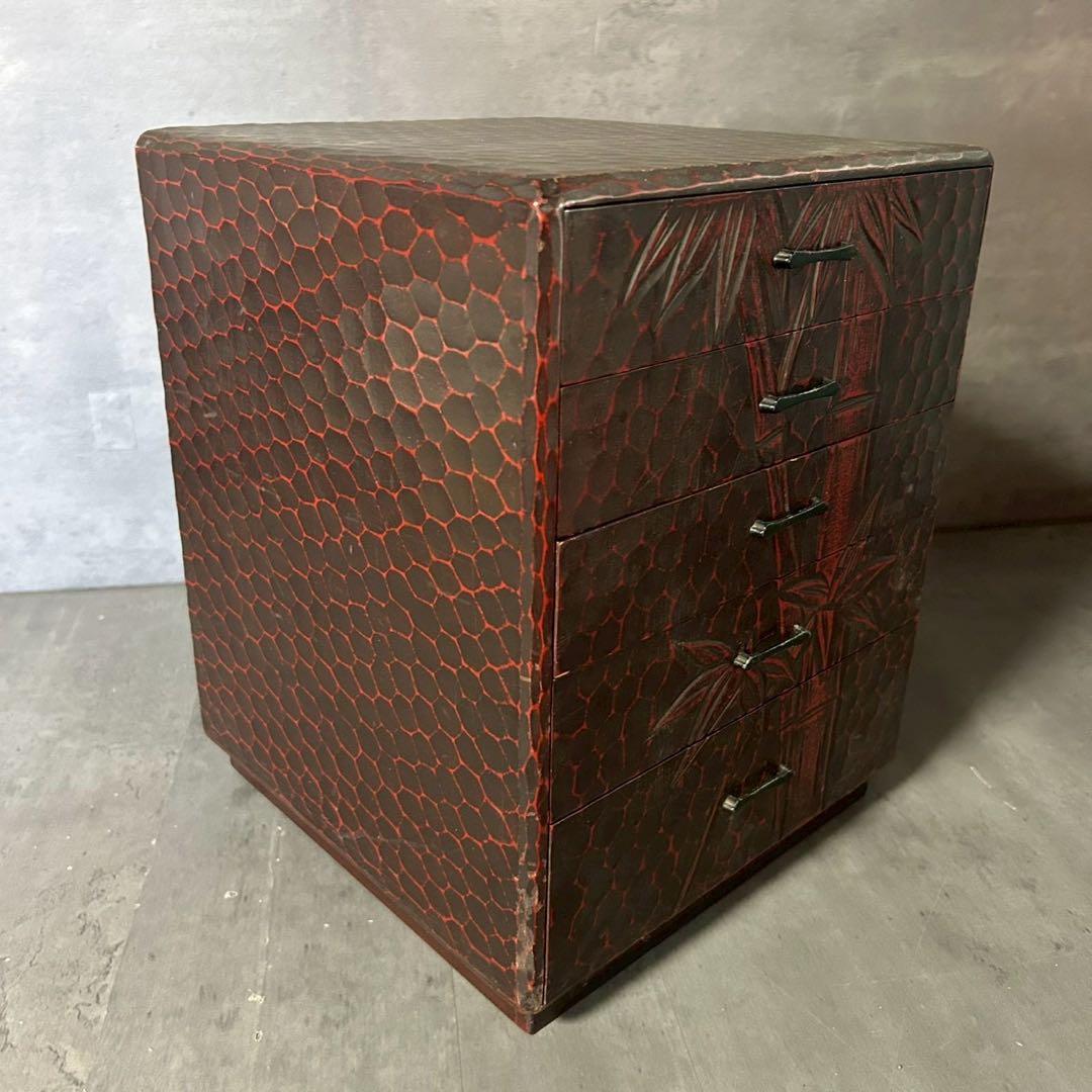 和箪笥 小引き出し 5段 漆調 竹柄 木製 和風インテリア