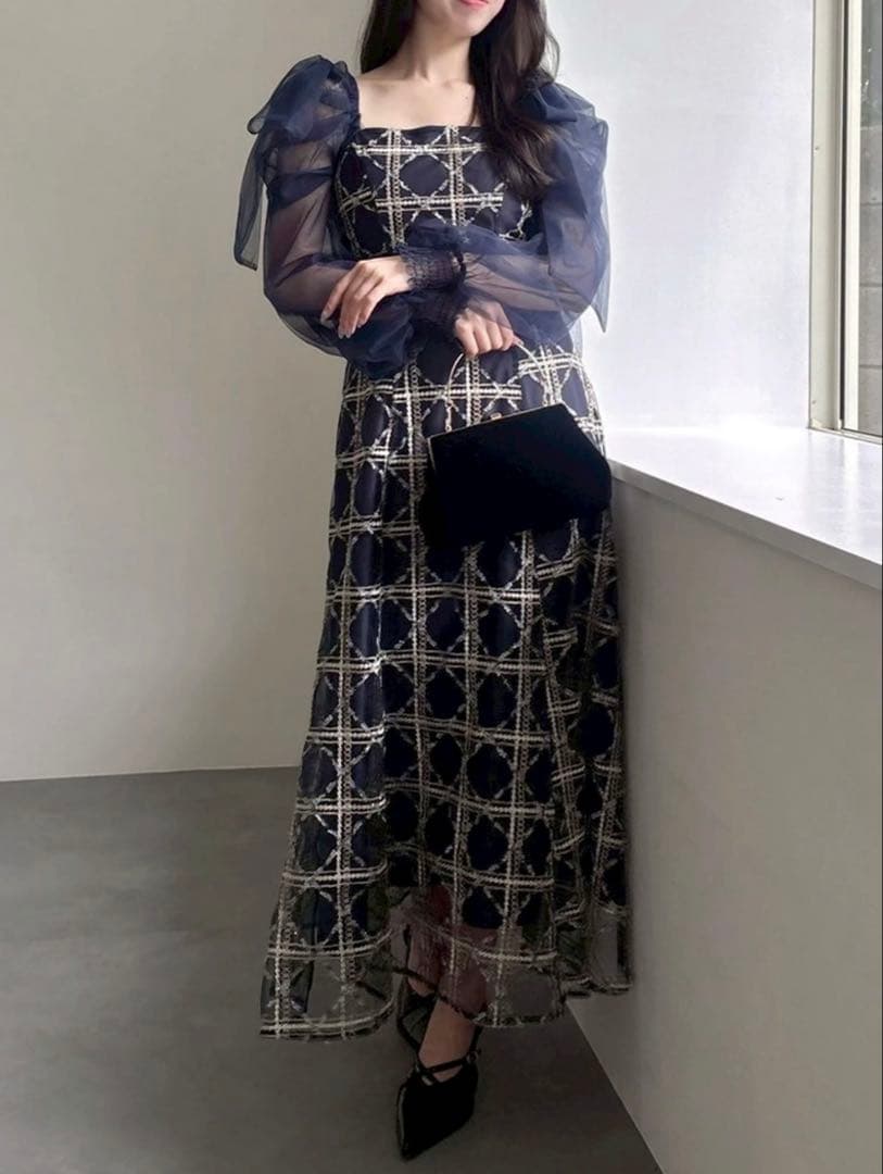 dazzlin レースリボンオフショルドレス ネイビー