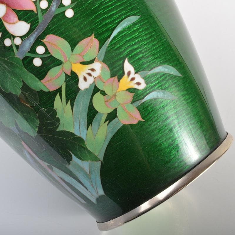 七宝焼　相互七宝造　緑光釉四君子文　七宝花瓶　唐木台付　共箱　D　R6973B