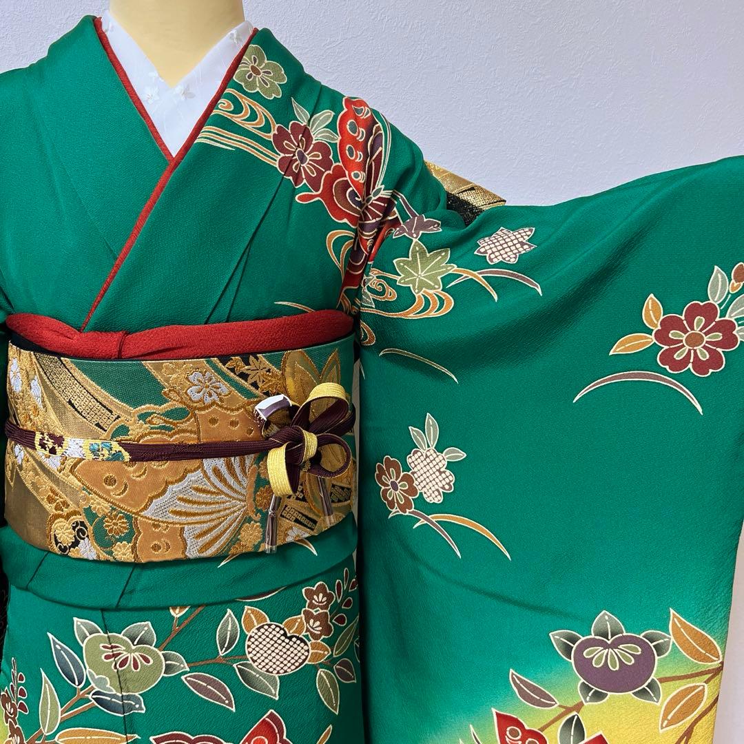 355振袖フルセット 正絹 緑 黒 グリーン 型染め 暈し染め きものやまと誂え