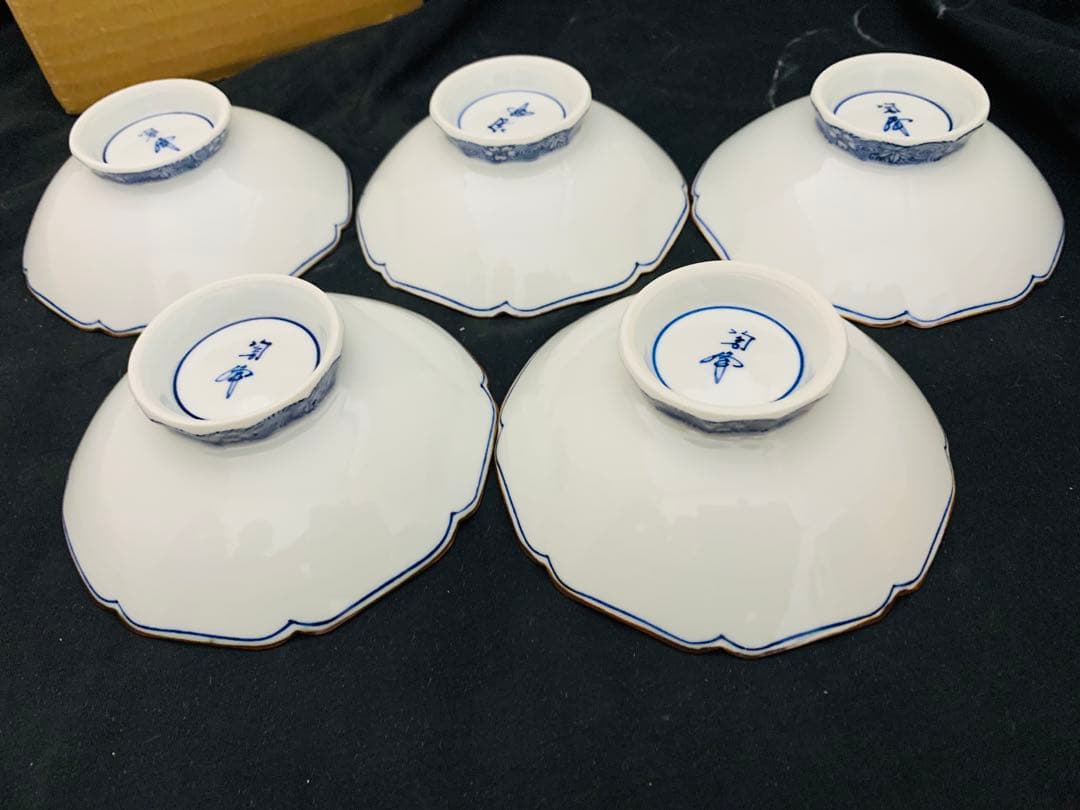 平安陶峰造　染付渦雲錦小鉢5客　京焼　共箱付き　高級懐石料理料亭皿