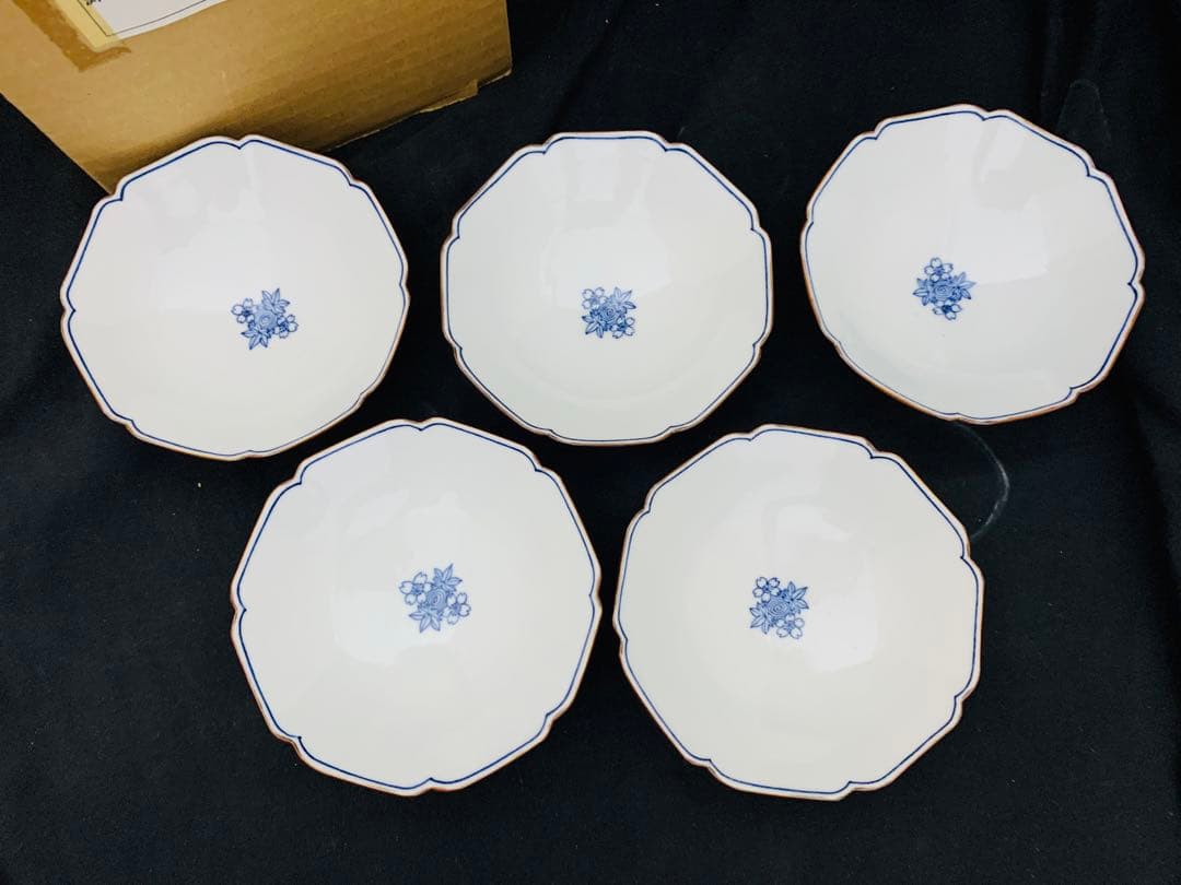 平安陶峰造　染付渦雲錦小鉢5客　京焼　共箱付き　高級懐石料理料亭皿