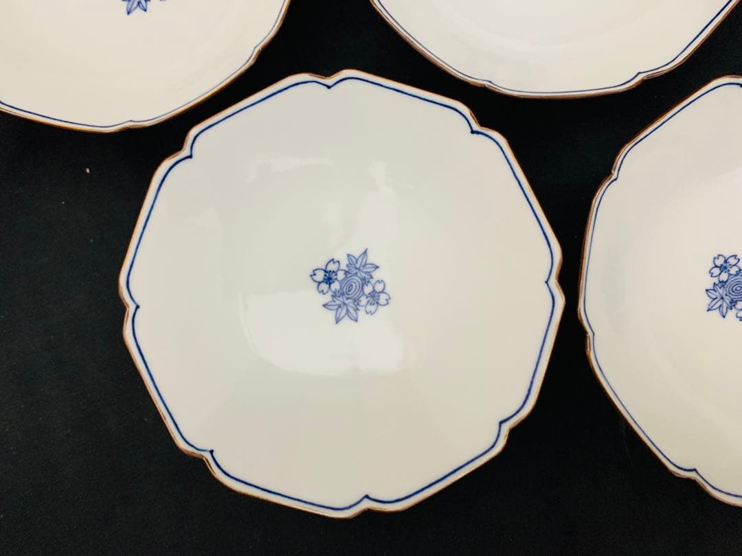 平安陶峰造　染付渦雲錦小鉢5客　京焼　共箱付き　高級懐石料理料亭皿