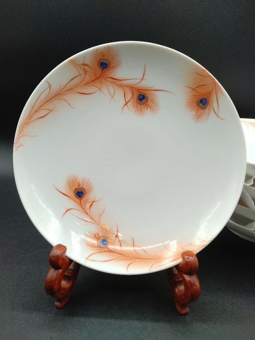 カ*み様 源六焼 赤絵 金彩 孔雀文 六寸皿 五枚 明治末~大正期 源六製 古伊