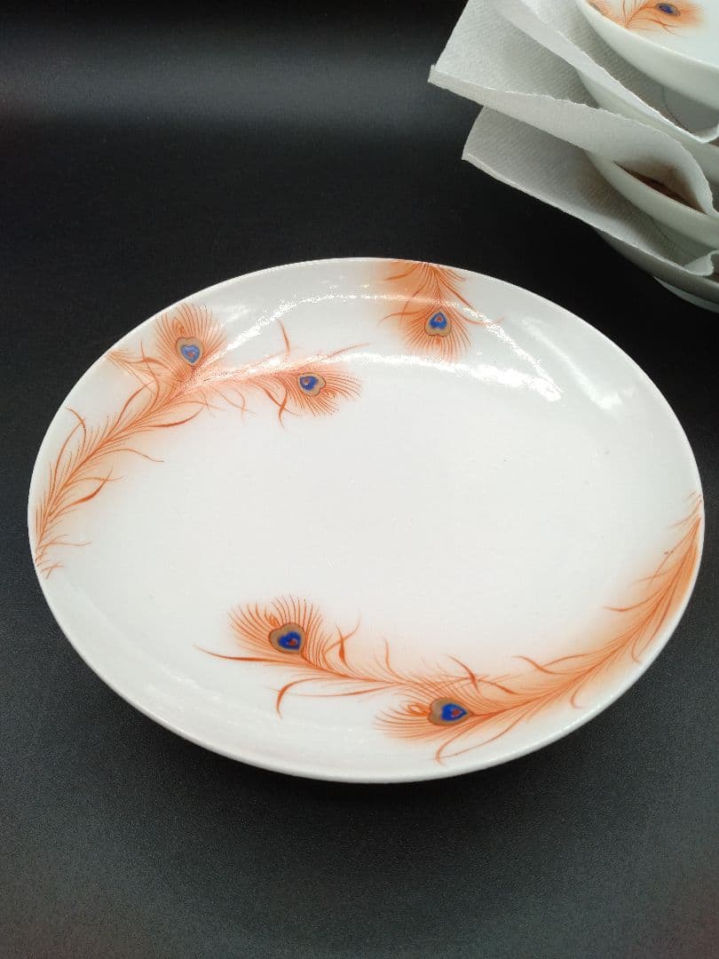 カ*み様 源六焼 赤絵 金彩 孔雀文 六寸皿 五枚 明治末~大正期 源六製 古伊