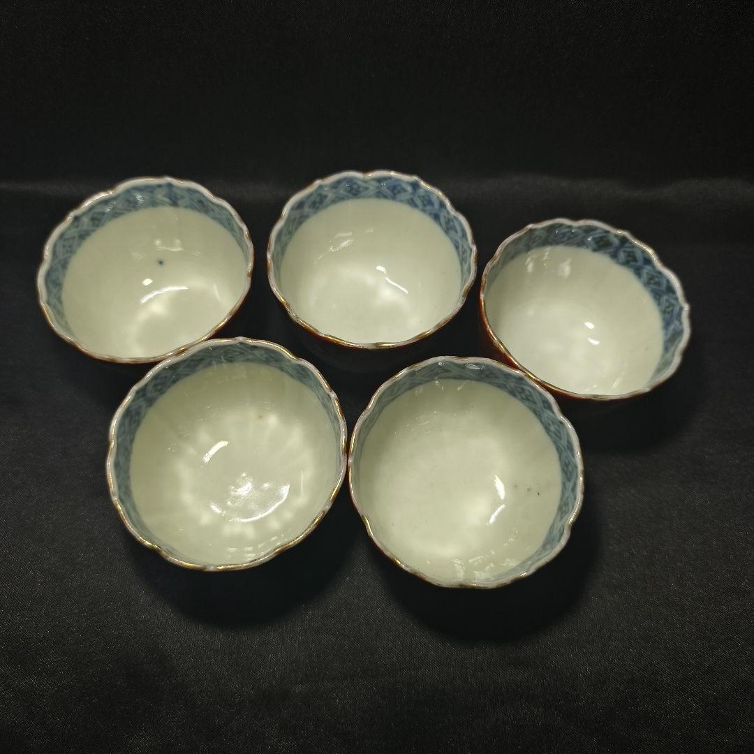 古伊万里 色絵金彩ぐい呑み 富貴長春 手描き 幕末骨董 家紋入り 古美術 煎茶碗