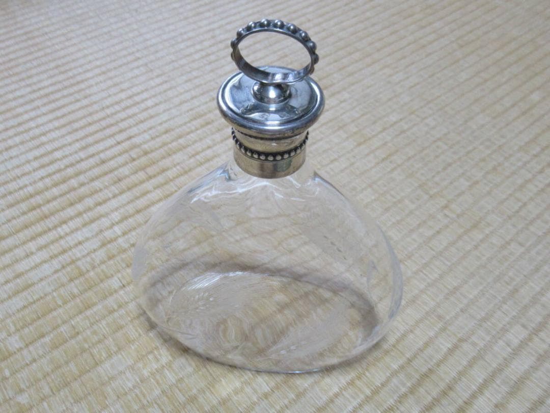 未使用 大正時代 フランス製◆フタ付近純銀製 麦模様手磨き切子 デキャンター