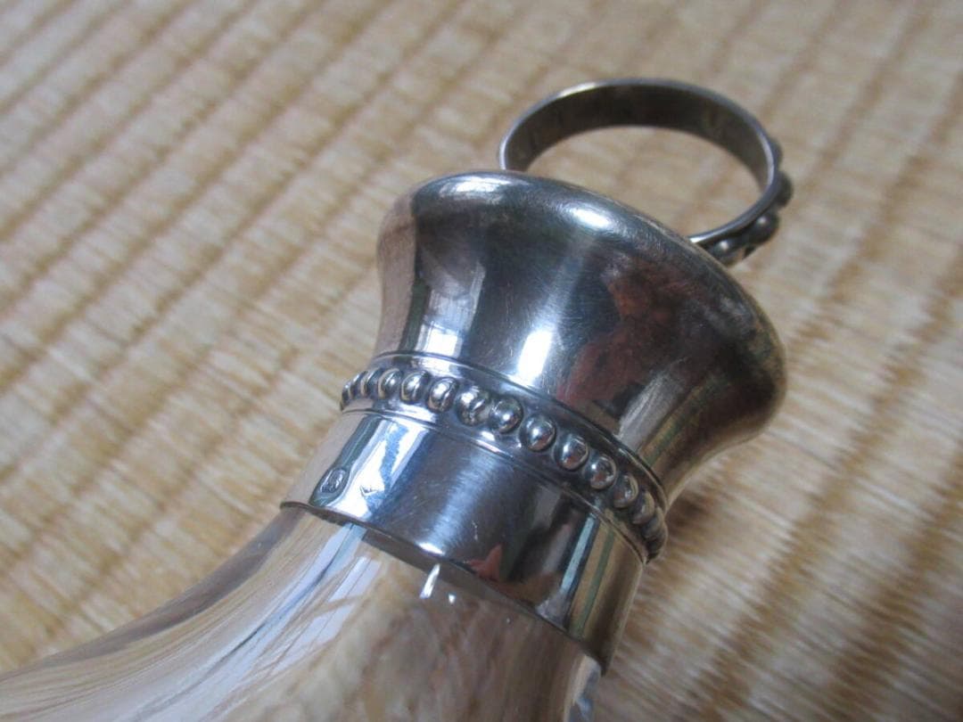 未使用 大正時代 フランス製◆フタ付近純銀製 麦模様手磨き切子 デキャンター