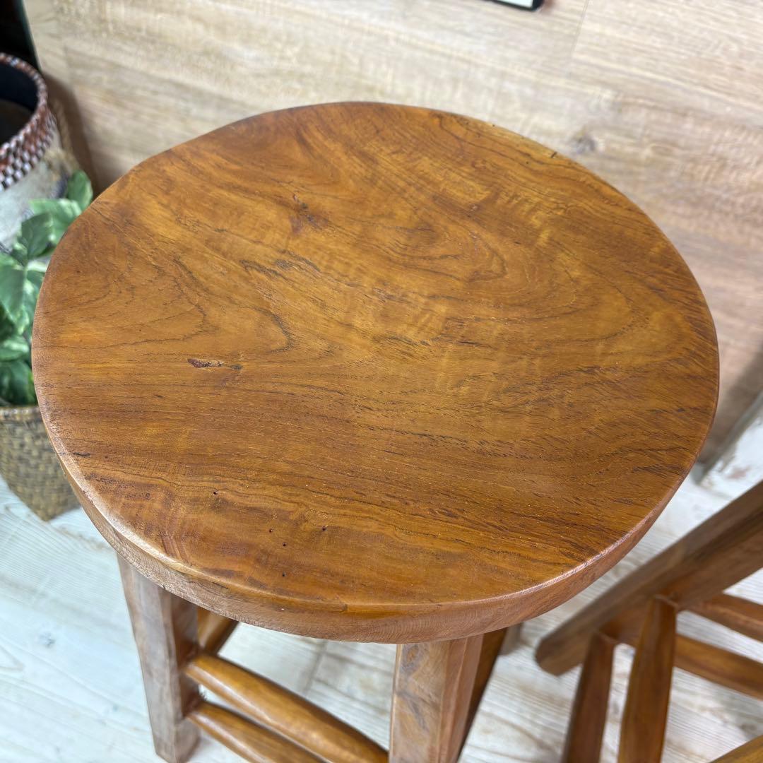 てら⭐︎オールドチーク天然無垢材丸ハイスツールカウンターチェア二点セット