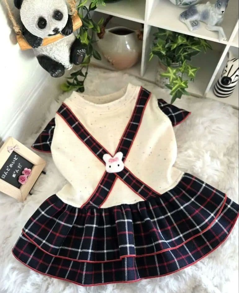 犬服 ハンドメイド チェック ワンピース 小型犬 バッククロス　うさぎモチーフ