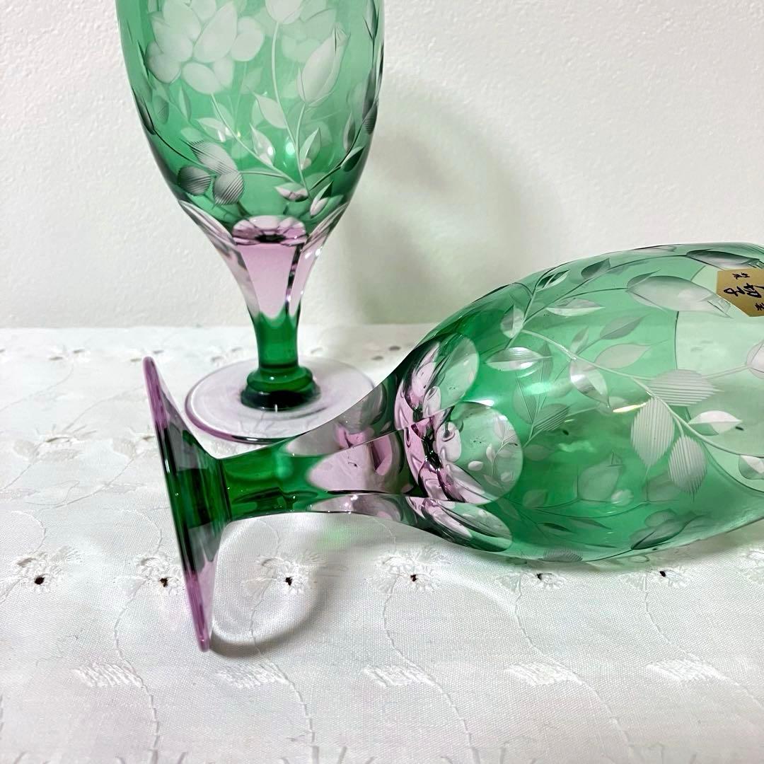 江戸切子 硝子工房 彩鳳 足付ビール杯 薔薇文様 ペアグラス