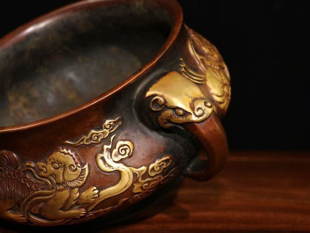 旧家珍蔵 大明宣徳紫銅純銅製塗真金 財獅子香炉 供養 文化財　時代物　開運厄除け